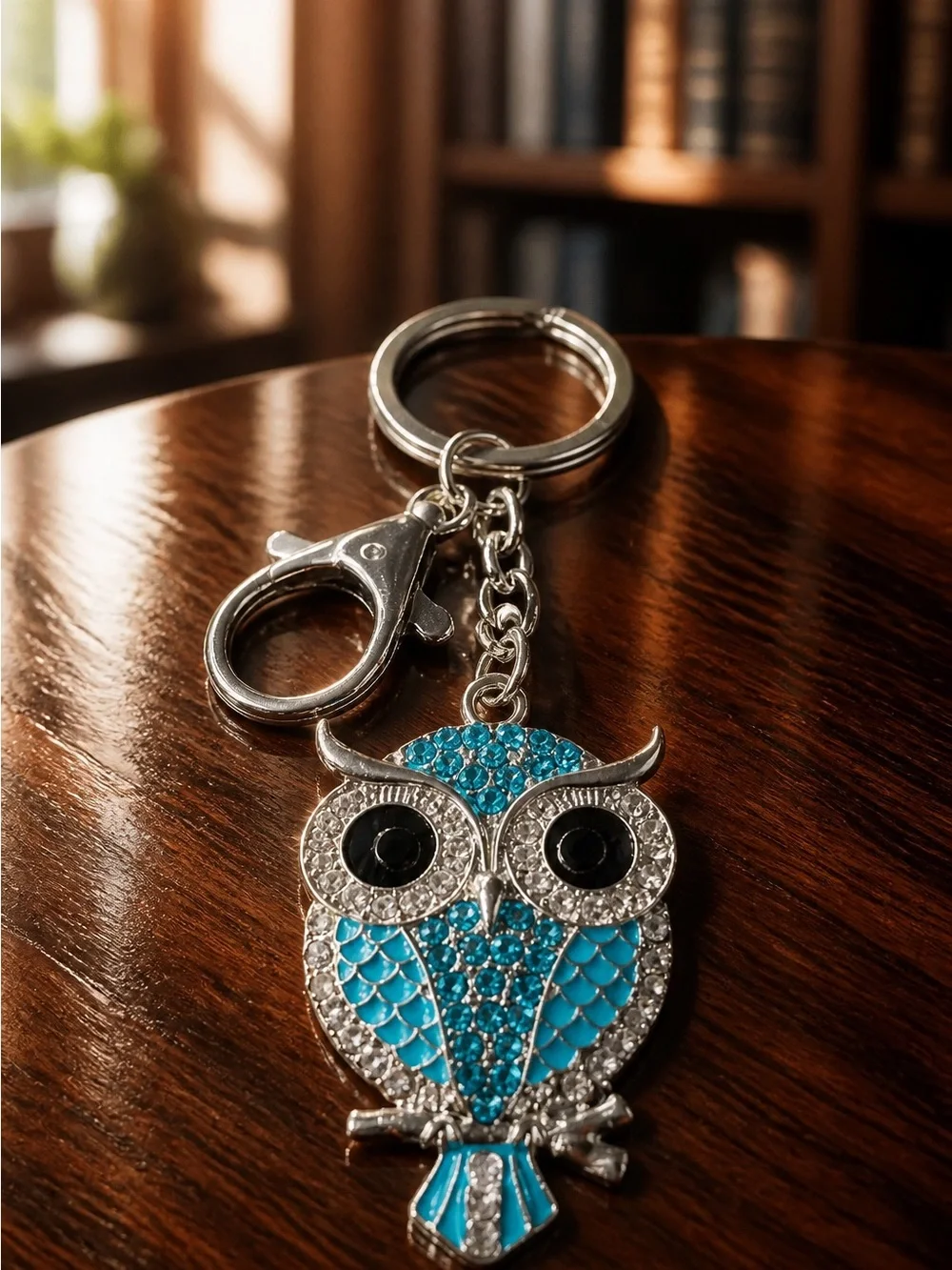 Silver Owl Keychain with Turquoise Crystals with other Colors